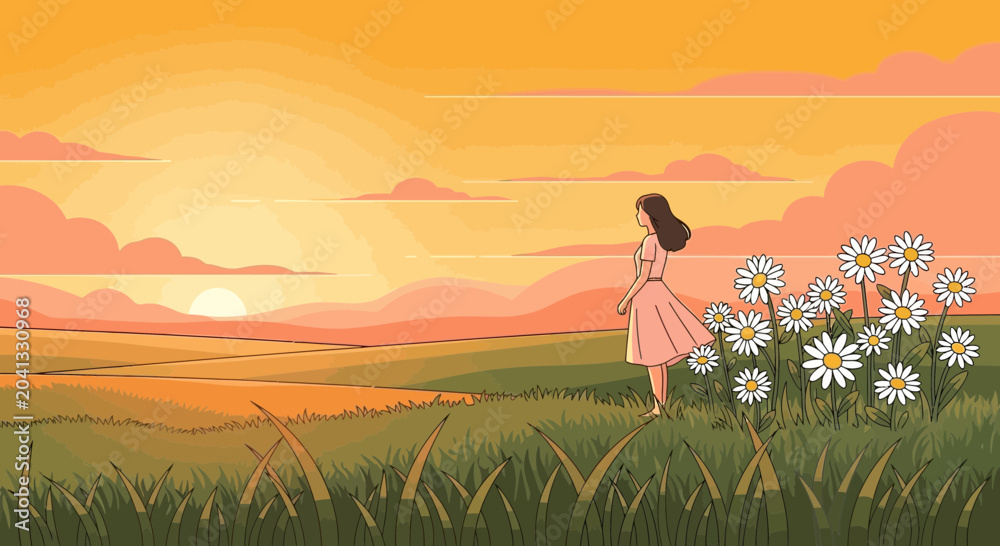 Fototapeta premium Girl Standing in Field of Flowers at Sunset Peaceful Scenery