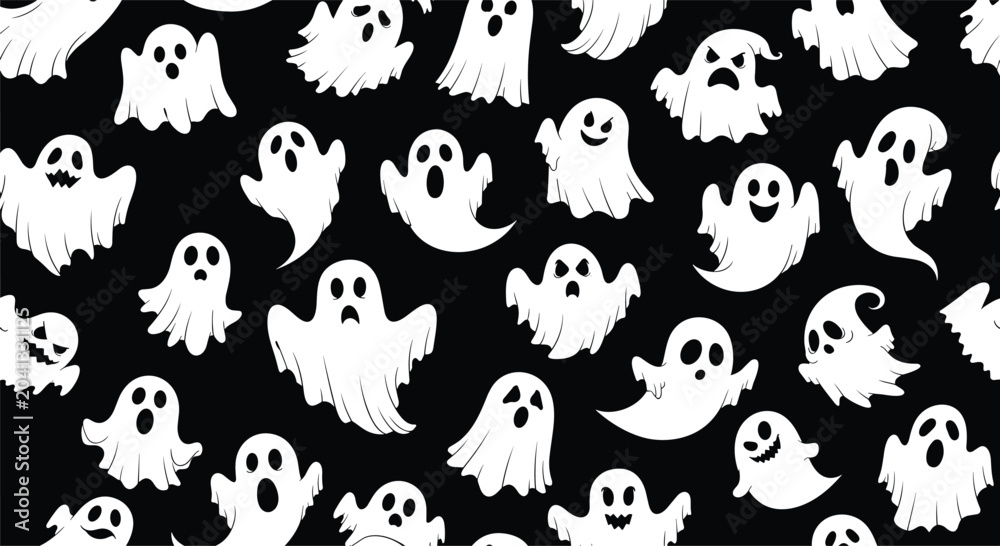 Obraz premium Playful seamless pattern of various white cartoon ghost silhouettes with different facial expressions over a dark black background for halloween.