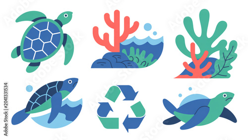 Photography Colorful set of ocean conservation icons with sea creatures and recycling symbol