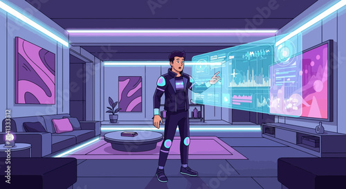 Futuristic Living Room with Holographic Data Display