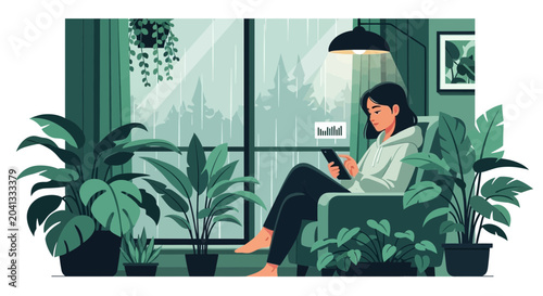 Relaxed Woman Working with Plants and Digital Device