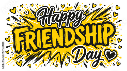 Happy Friendship Day Bold Yellow Black Brush Typography with Heart Shapes and Yellow Paint Splash Illustration