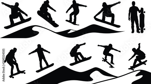 Tableau sur toile Silhouettes of skateboarders and snowboarders riding waves