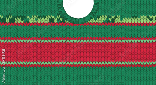 Traditional green and red knitted holiday sweater pattern featuring horizontal stripes and decorative zig zag motifs on a textured base.