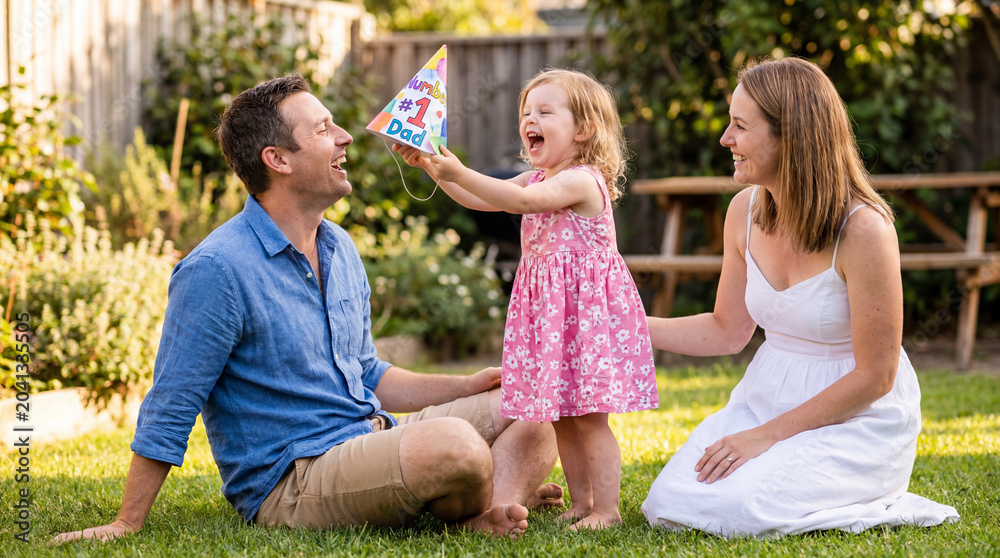 Fototapeta premium Father's Day gift with family dad mom daughter giving hat in backyard for greeting card poster social media holiday celebration advertising campaign content