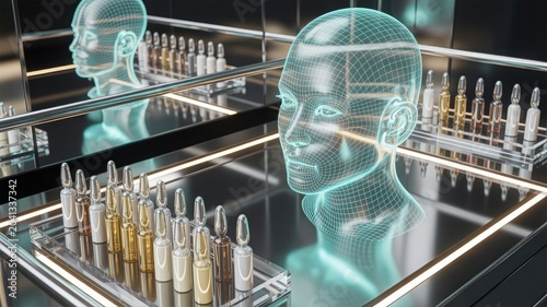 Photorealistic 3d render of futuristic human head with digital wireframe overlay and cosmetic products display on transparent background