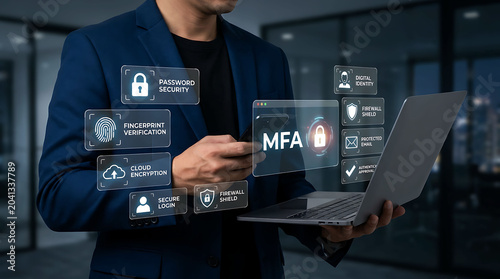 Man holding phone and laptop using multi factor authentication for cyber security