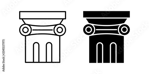 Pillar icon set vector, black and white minimalist outline and silhouette symbols of ancient Greek column capital for legal law firms, architectural branding, and history logo design.