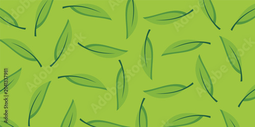 Green leaves seamless pattern vector, abstract lime green backdrop with minimalist leaf elements for organic eco product packaging, spring summer textile print, and website background.