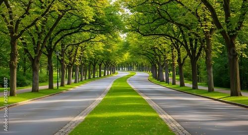 Tree lined road with grassy median on sunny day in park