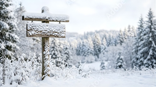 Wooden signpost covered with fresh snow in a peaceful winter forest