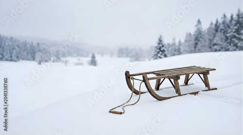 Wooden sled resting on a white snowy landscape during a cold winter day