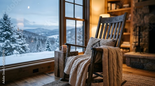 Wooden rocking chair with wool blanket near window overlooking snowy mountain