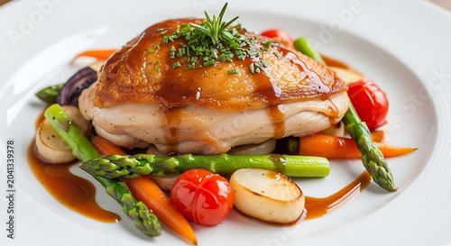 Grilled salmon fillet with fresh vegetables and lemon.