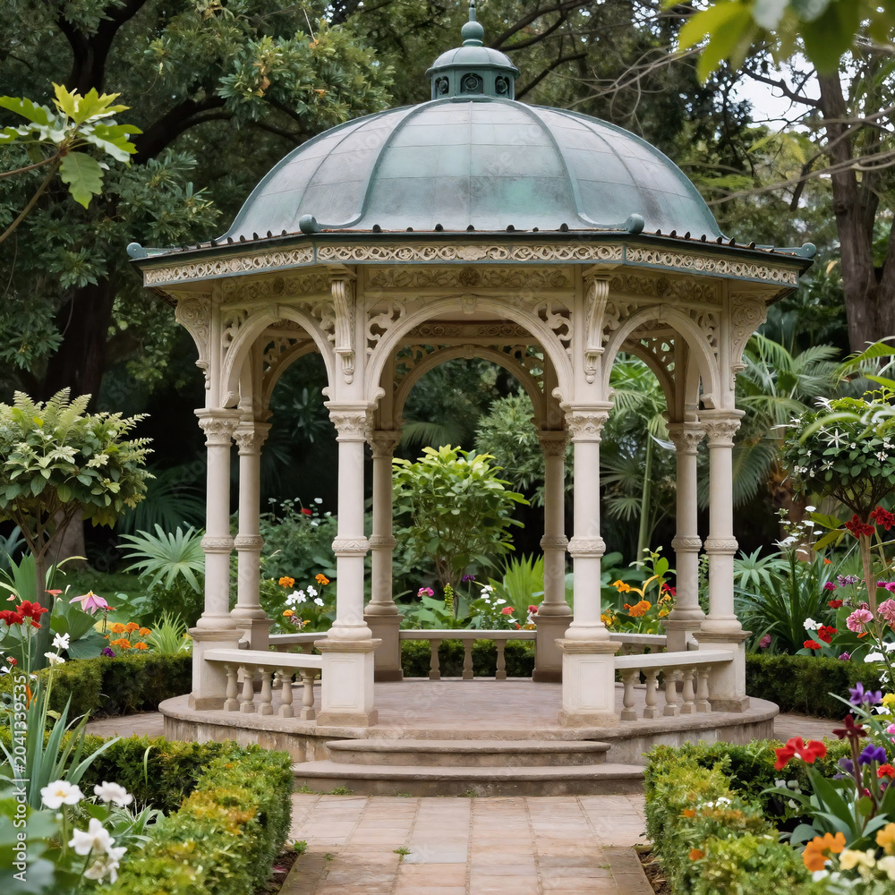 Fototapeta premium Retrofuturism Gazebo Japanese. Stunning Garden Featuring A Gazebo