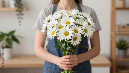 Woman in denim apron holds a bunch of white daisy flowers in front of her torso indoors