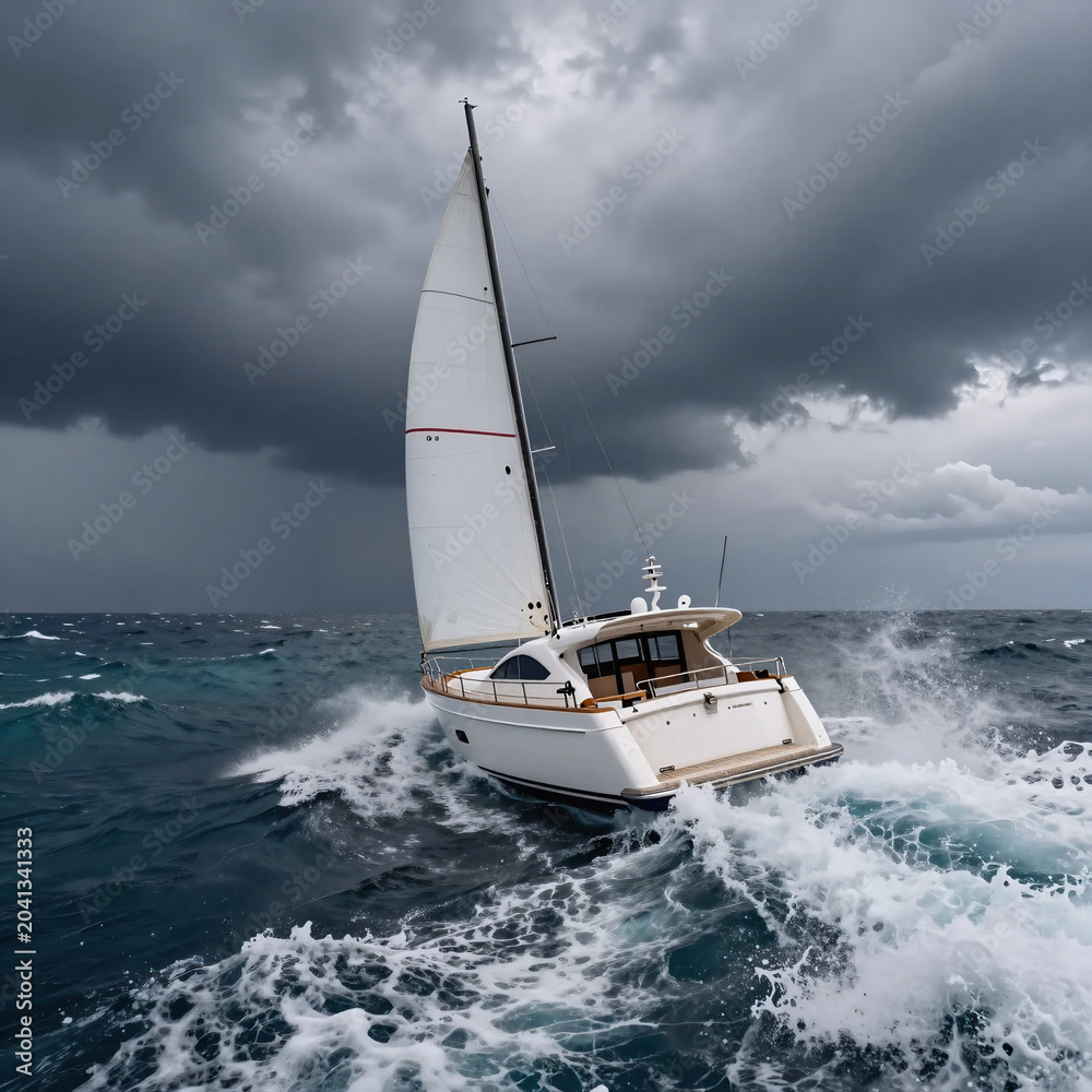 Fototapeta premium Dramatic Lighting Storm Knot. Stormy Mediterranean Yacht Sailing Close Hauled