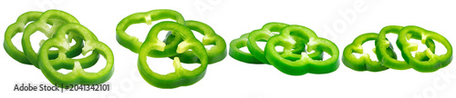 Photos Freshly sliced green bell peppers arranged artfully, showcasing vibrant color and crisp texture on a transparent