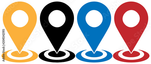 Four distinct colorful location pin icons, ideal for mapping, navigation, and place marking on a transparent background.