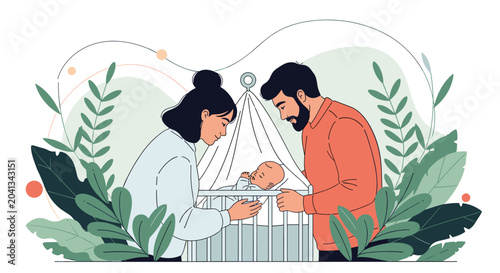 Happy young parents looking affectionately at their newborn baby sleeping in a white cradle surrounded by decorative green foliage.