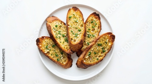 Garlic Bread Plate Top View Garlic Bread Slices Arranged In Fan Shape On White Round Ceramic Plate Isolated On Pure White Background Buttery Toasted Texture
