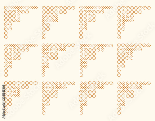 Set of pulli kolam corner frame with golden color. design for Decorative frame, card, album, print.