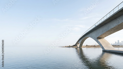 Modern concrete arch bridge over calm water with city skyline
