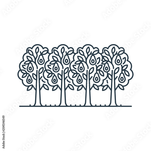 Row of pear trees in an orchard line art.