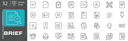 Set of 32 brief line icons vector illustration of business project, document, and planning symbols for web and mobile design.  Editable stroke. Vector illustration