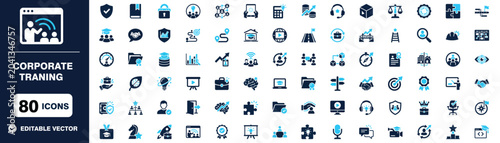 Corporate training icons set, business education and professional development vector illustration
