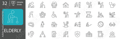 Set of elderly icons, such as senior care, nursing home, retirement, medical assistance, disability, and old age support line icons. Editable stroke. Vector illustration