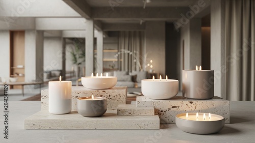 Set of six minimalist ceramic candles with lit wicks casting warm golden glow on rough concrete blocks in modern interior design on transparent background