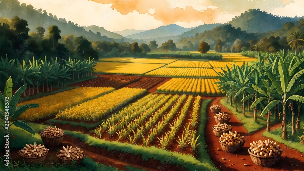 Fototapeta premium A wide scenic agricultural painting as the main subject, turmeric fields arranged across a tropical valley with golden rhizome baskets, red soil lanes, banana windbreaks, and distant forested hills, w