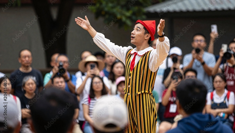 Fototapeta premium Performer in colorful costume addresses an audience with hands raised during an outdoor performance