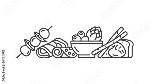 Bild auf Leinwand Mediterranean appetizers with olives, bread, and skewers.