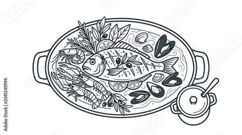 Bild auf Leinwand Detailed seafood platter illustration with whole fish and shellfish