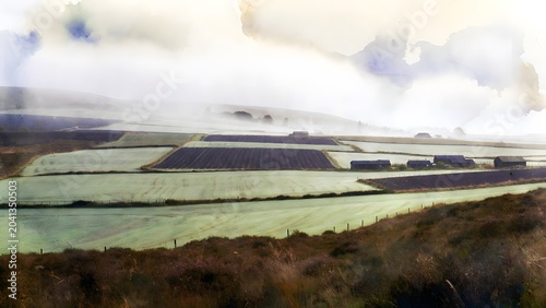 A painterly agricultural landscape as the main subject, wide blueberry fields spread across open moorland with low wooden fences, distant peat paths, scattered farm sheds, and soft heathland grasses, 