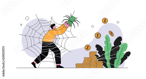 Man caught and tangled in a sticky spider web while desperately reaching for a green money bill to illustrate financial traps.