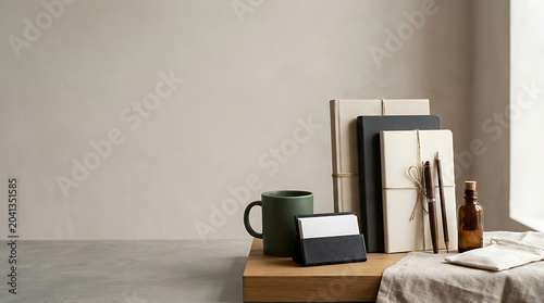Minimalist workspace setup with notebooks and coffee mug on desk