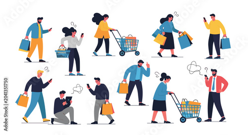 Diverse group of shoppers carry bags and push carts while looking confused or thoughtful about their retail purchases.