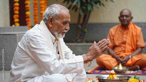 Indian priests participate in a traditional hindu ritual ceremony with offerings