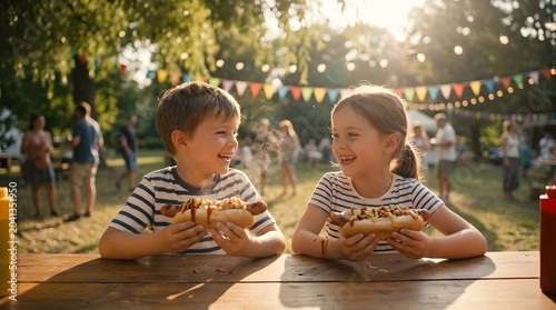Happy Children Eating Hot Dogs at Summer Food Stand