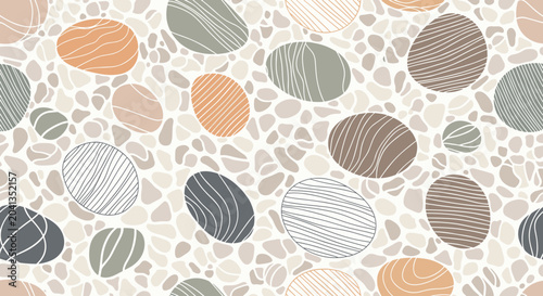 Seamless pattern consists of smooth river pebbles in various muted colors decorated with simple white line art patterns.