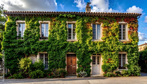 Vine covered house with white windows.