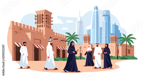 People in traditional Arab clothing walking in a city square with historic buildings and modern skyscrapers in the background.