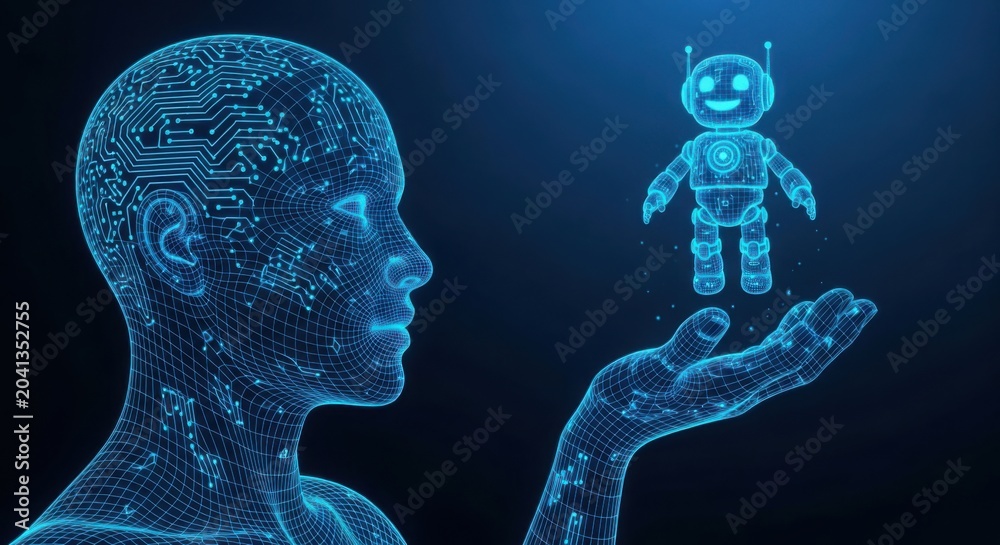 Obraz premium Digital human head wireframe holding a small robot in hand