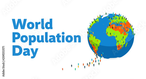 Globe with people running off in different directions in colorful illustration for World Population Day awareness campaign in vibrant dynamic lighting for social media