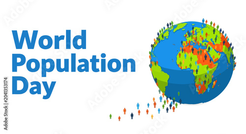 Globe with people running off in different directions in colorful illustration for World Population Day awareness campaign in vibrant dynamic lighting for social media