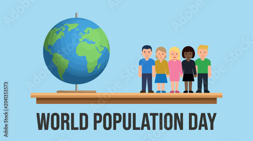 balance scale with globe and people illustration for world population day