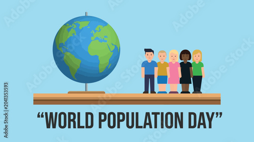 balance scale with globe and people illustration for world population day